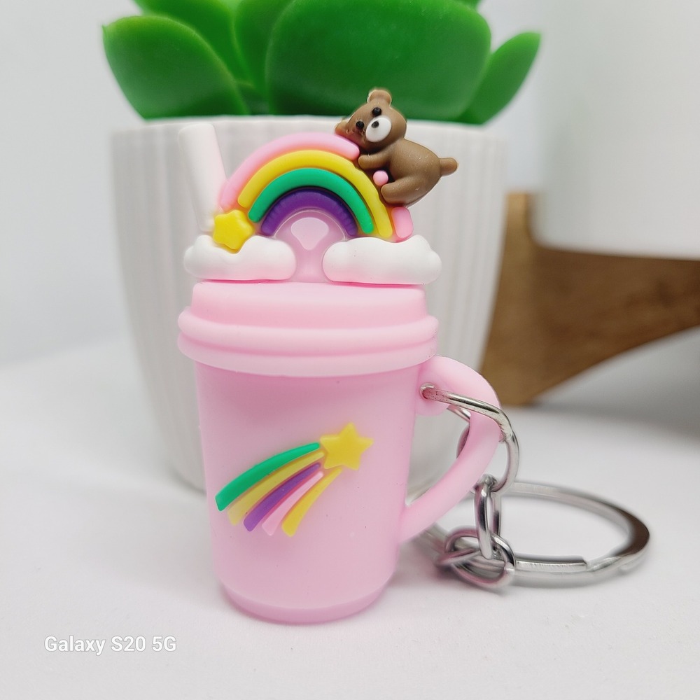 Cute Pink Rainbow Bear Milkshake Keychain Fun‎ Novelty Purse Charm Keyring